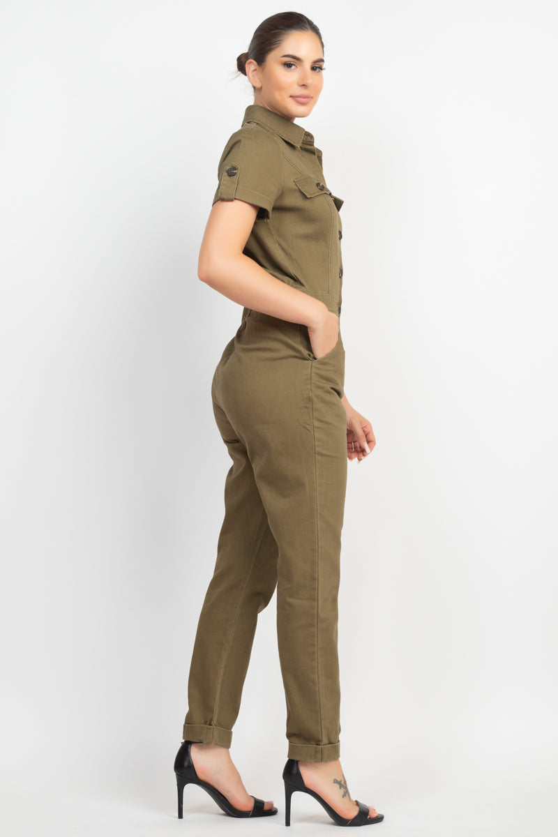Women's Short Sleeves Button-front Jumpsuit Collared Pockets Full Length Solid