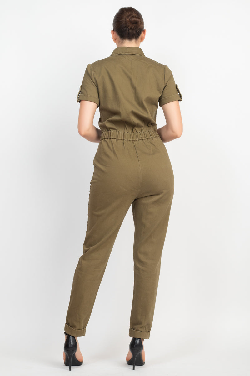 Women's Short Sleeves Button-front Jumpsuit Collared Pockets Full Length Solid