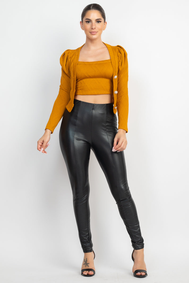 Womens Cami Puff Sleeves Inner Top with Cardigan Set Scoop Neck Ribbed Button