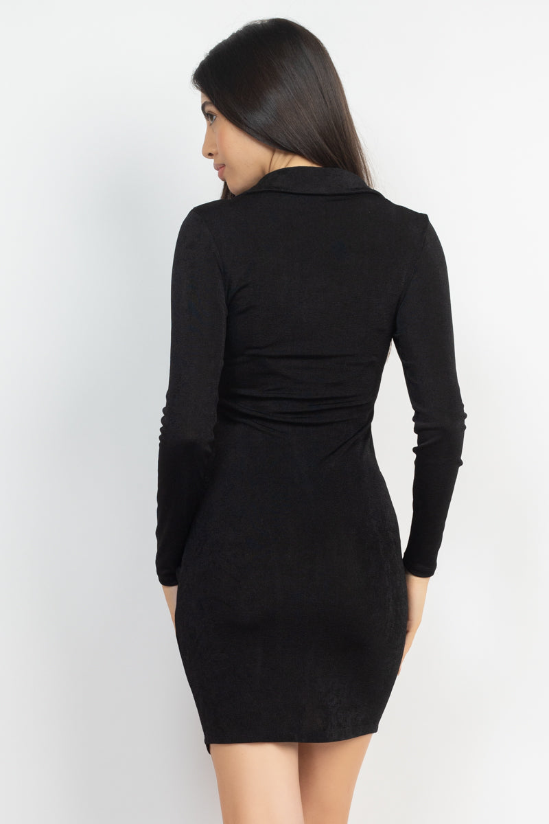 Women's Collared Bodycon Mini Dress Velvety Button-down Ruched Long Sleeve Shirt