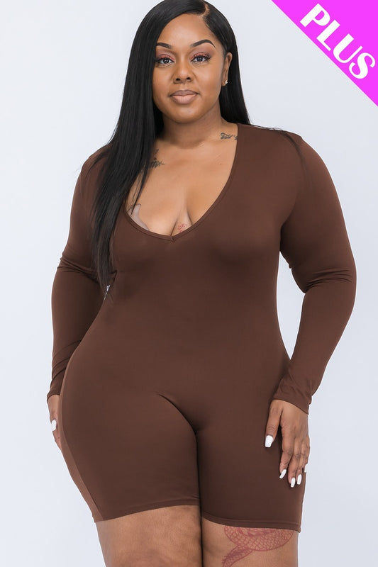 Womens Plus V-neck Long Sleeve Stretch Bodycon Romper (1XL.2XL.3XL)