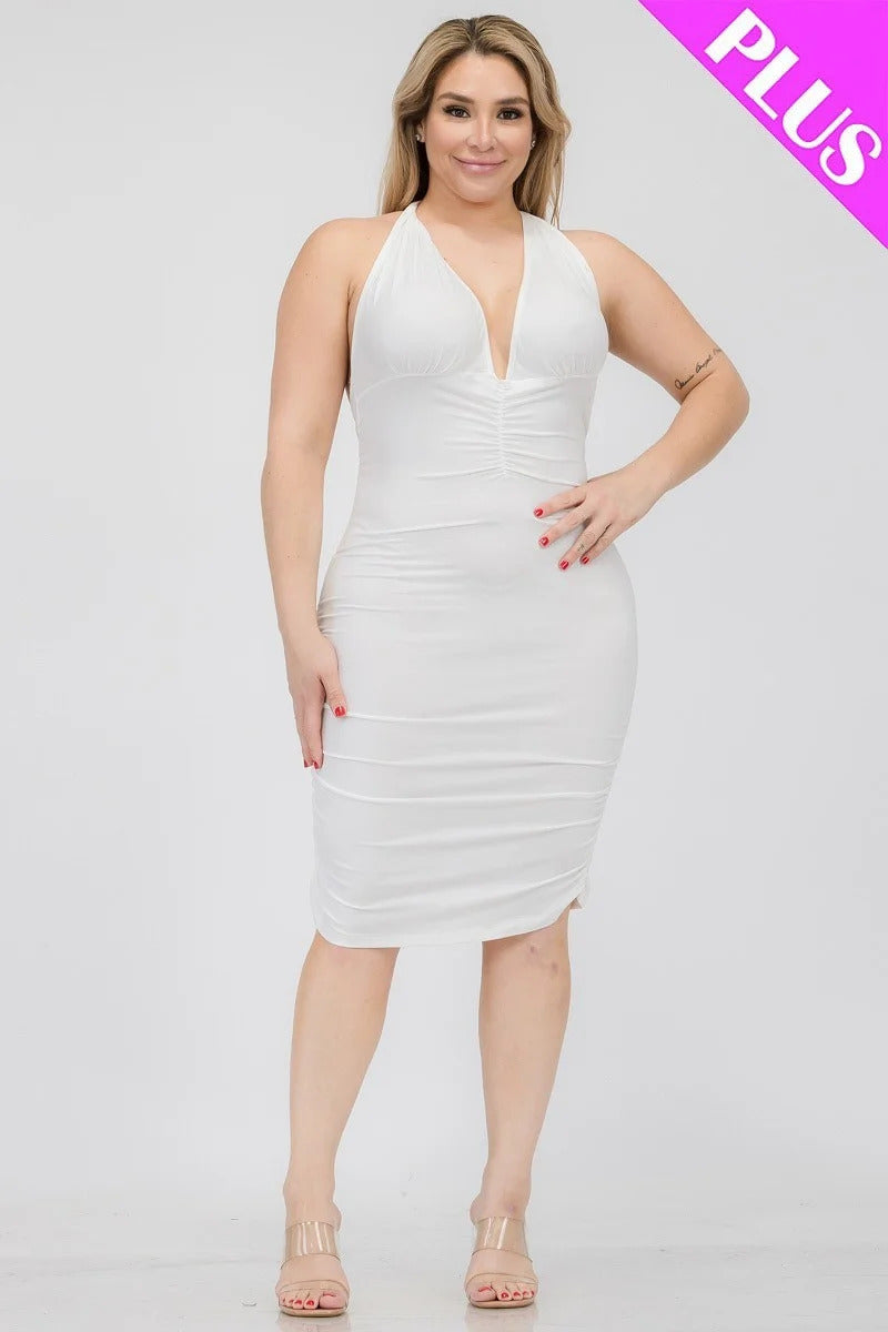 Plus Plunging Neck Crisscross Back Ruched Bodycon Soft Stretchy Mini Dress White
