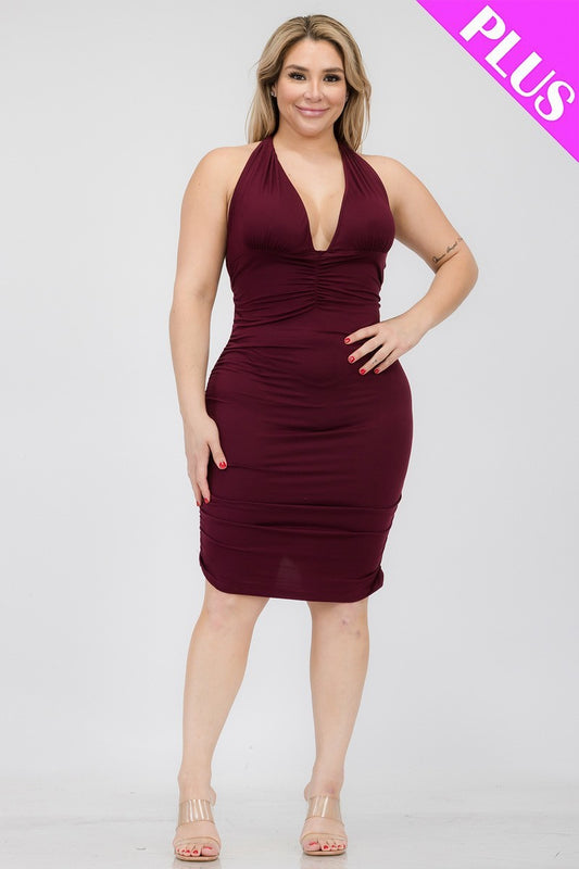 Plus Plunging Neck Crisscross Back Ruched Bodycon Stretchy Mini Dress Burgundy