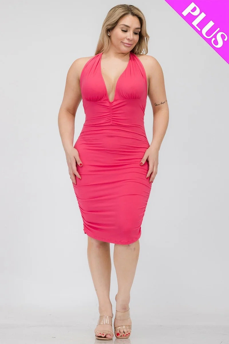 Plus Plunging Neck Crisscross Back Ruched Bodycon Stretchy Mini Dress Fuchsia