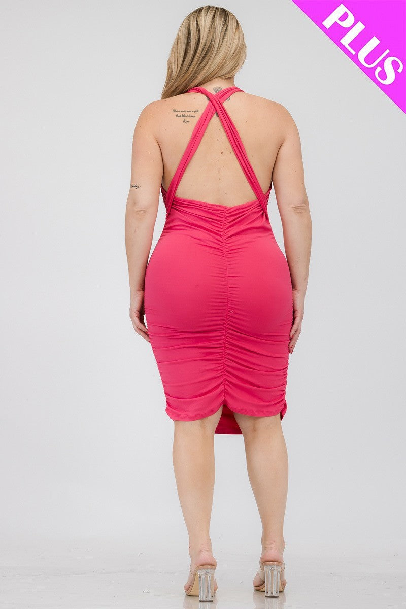 Plus Plunging Neck Crisscross Back Ruched Bodycon Stretchy Mini Dress Fuchsia