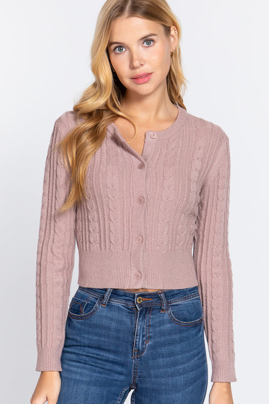 Women Crew Neck Cable Crop Sweater Long Sleeve Viscose Soft Knit Button Cardigan