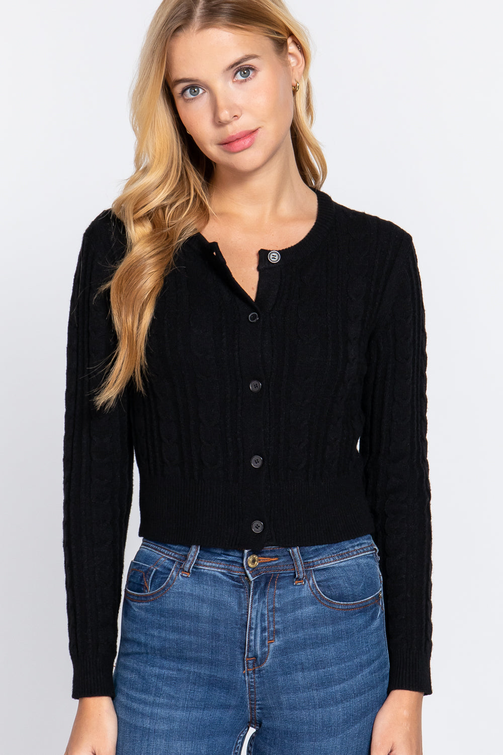 Women Crew Neck Cable Crop Sweater Long Sleeve Viscose Soft Knit Button Cardigan