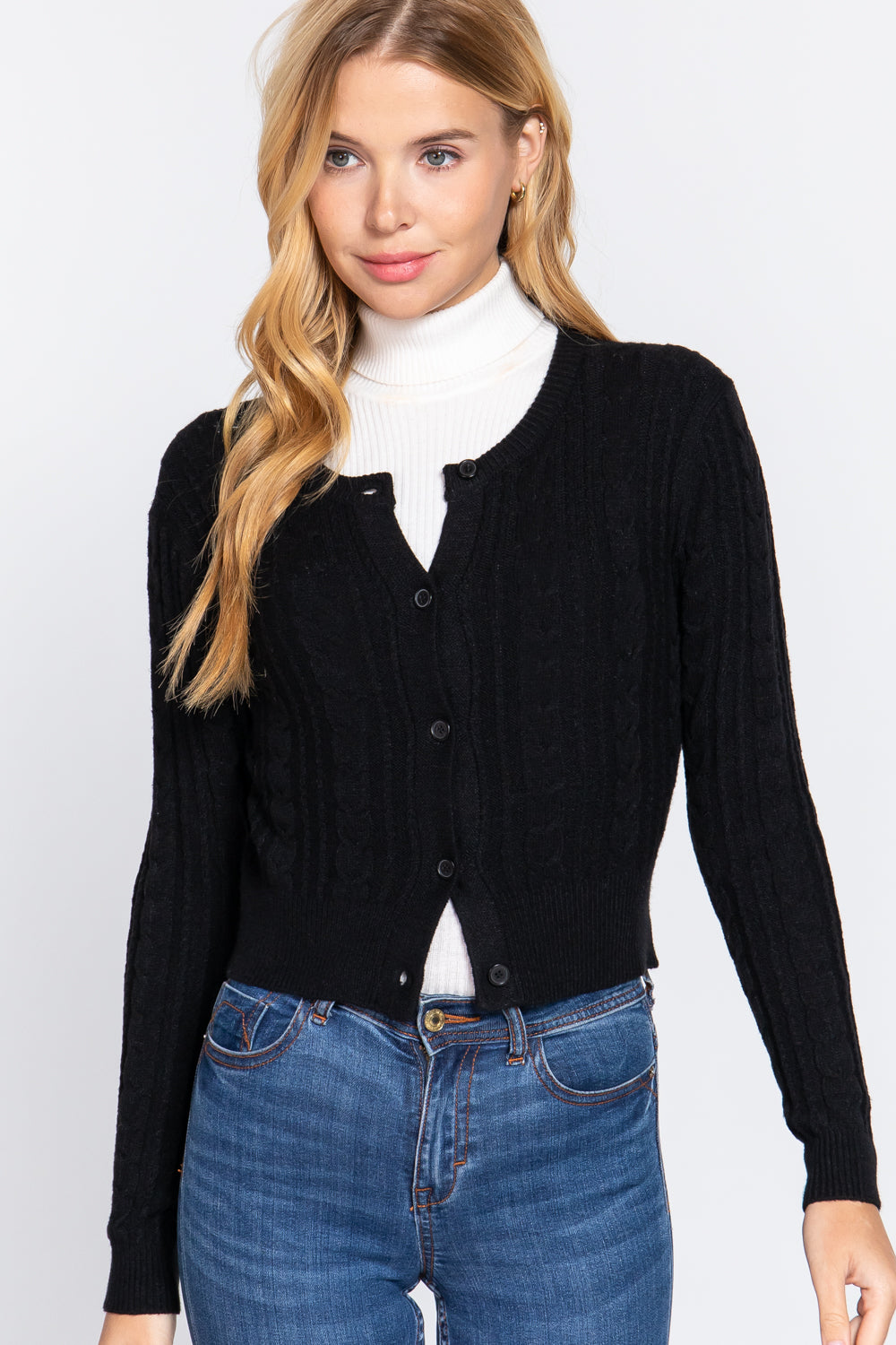 Women Crew Neck Cable Crop Sweater Long Sleeve Viscose Soft Knit Button Cardigan