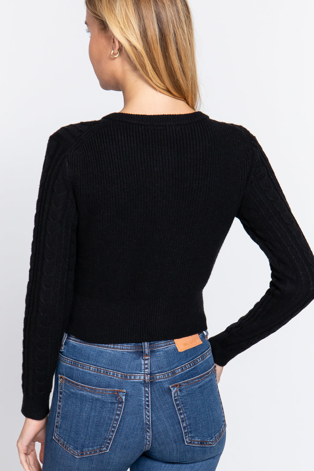 Women Crew Neck Cable Crop Sweater Long Sleeve Viscose Soft Knit Button Cardigan