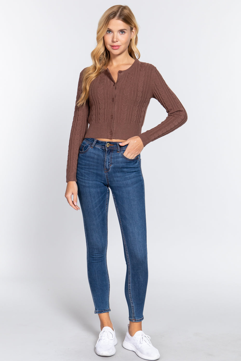 Women Crew Neck Cable Crop Sweater Long Sleeve Viscose Soft Knit Button Cardigan