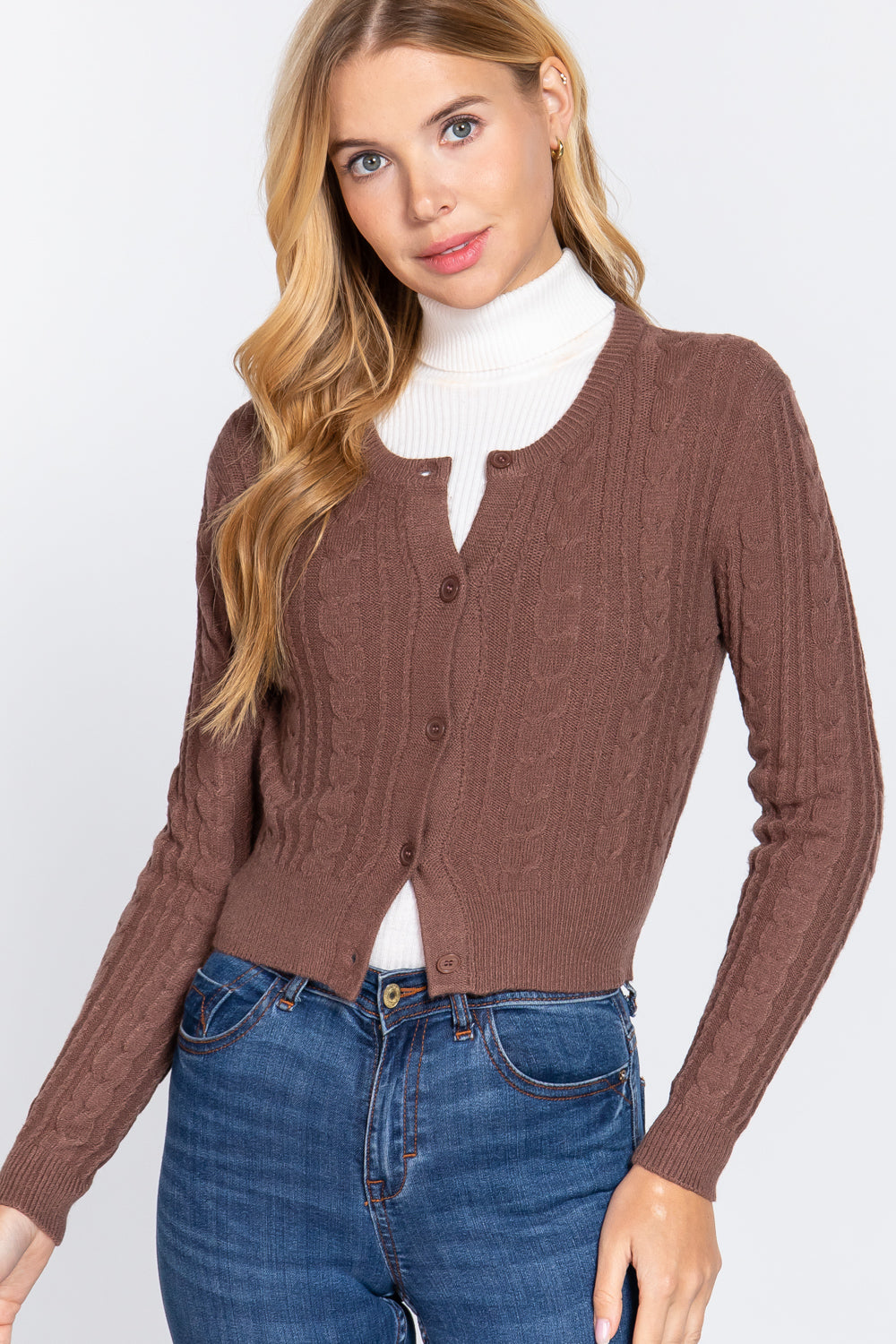 Women Crew Neck Cable Crop Sweater Long Sleeve Viscose Soft Knit Button Cardigan