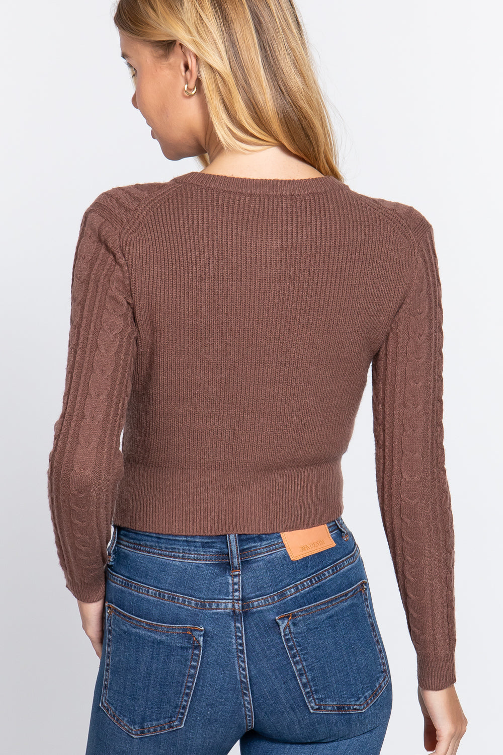 Women Crew Neck Cable Crop Sweater Long Sleeve Viscose Soft Knit Button Cardigan