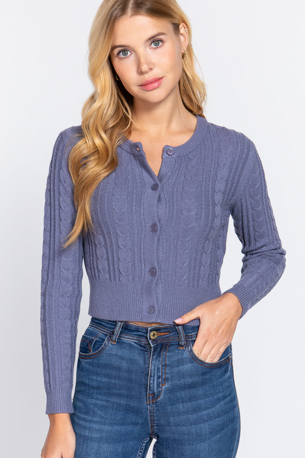 Women Crew Neck Cable Crop Sweater Long Sleeve Viscose Soft Knit Button Cardigan