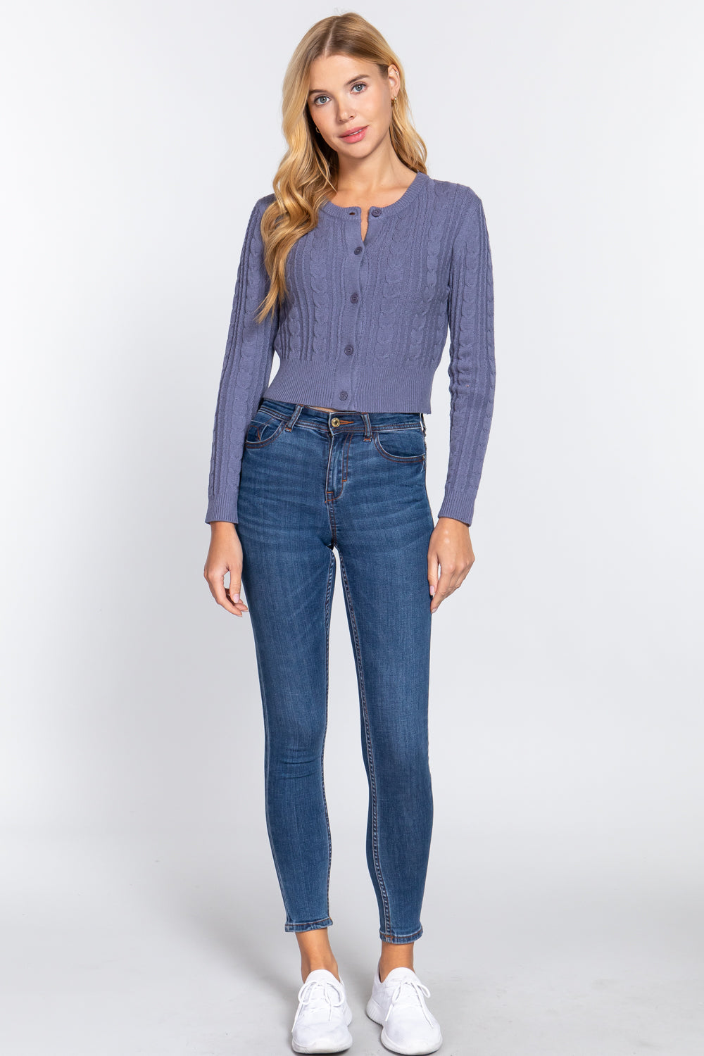 Women Crew Neck Cable Crop Sweater Long Sleeve Viscose Soft Knit Button Cardigan