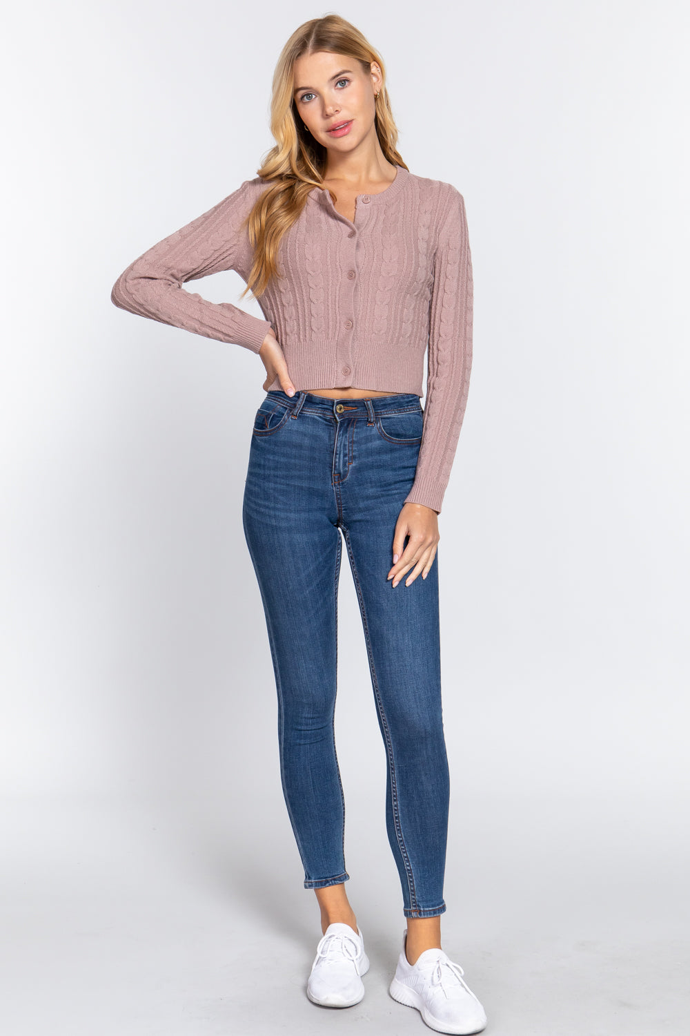 Women Crew Neck Cable Crop Sweater Long Sleeve Viscose Soft Knit Button Cardigan