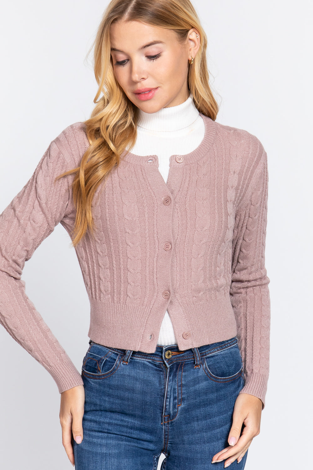 Women Crew Neck Cable Crop Sweater Long Sleeve Viscose Soft Knit Button Cardigan