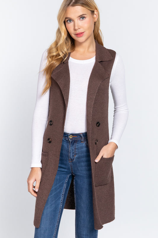 Women's Sleeveless Long Sweater Vest Notched Collar With Side Pocket