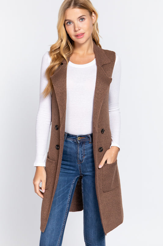Women's Sleeveless Long Sweater Vest Notched Collar With Side Pocket
