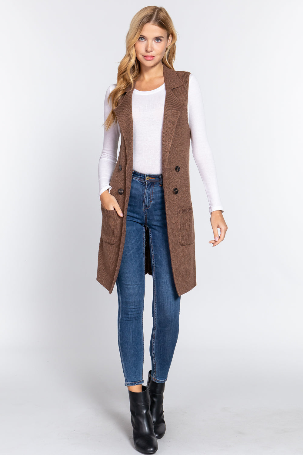 Women's Sleeveless Long Sweater Vest Notched Collar With Side Pocket