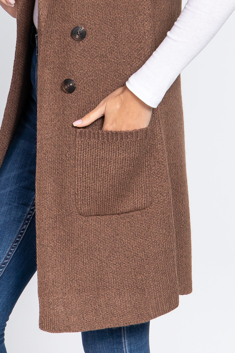 Women's Sleeveless Long Sweater Vest Notched Collar With Side Pocket