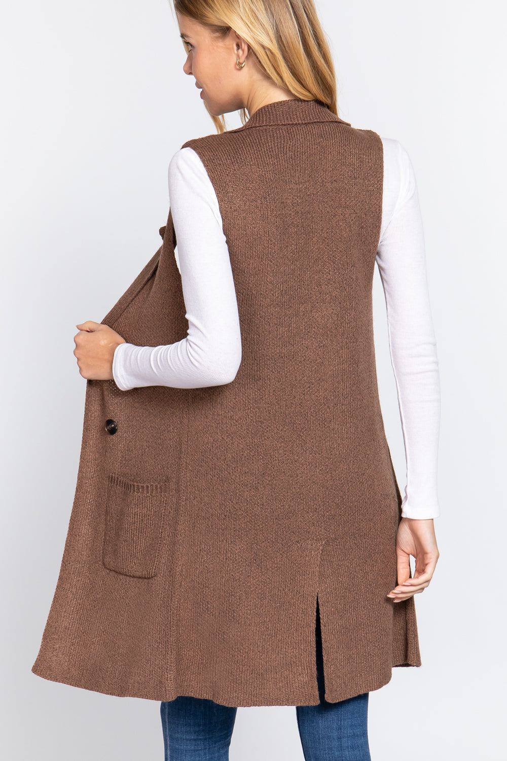 Women's Sleeveless Long Sweater Vest Notched Collar With Side Pocket