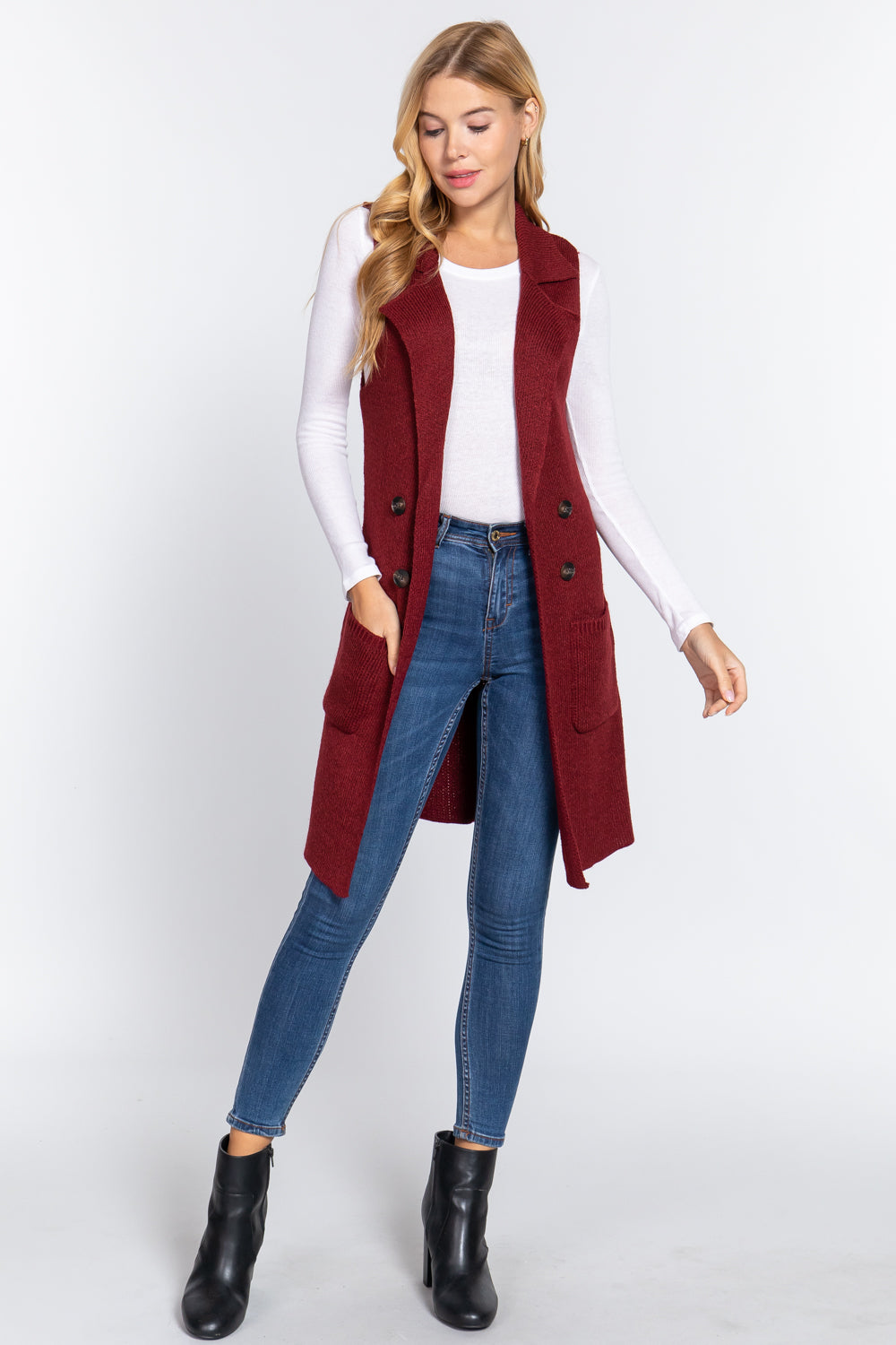 Women's Sleeveless Long Sweater Vest Notched Collar With Side Pocket