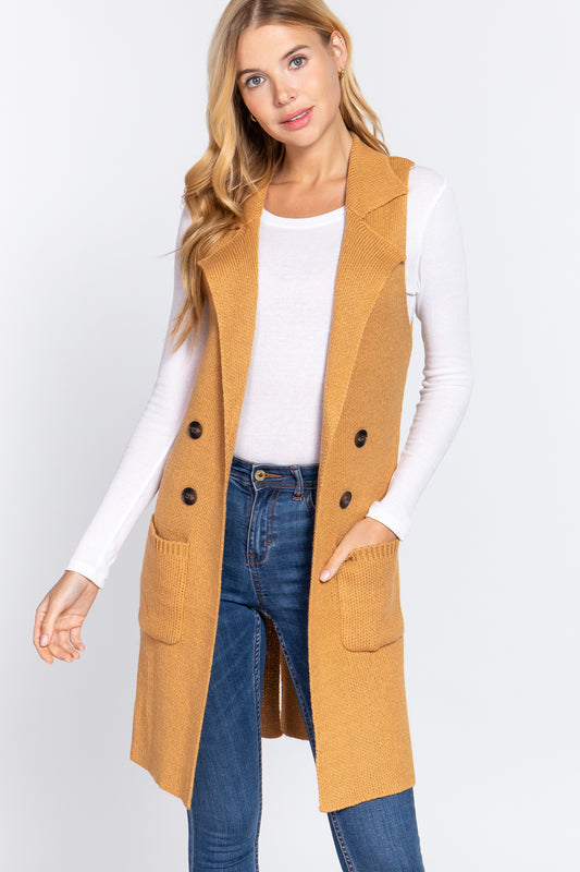 Women's Sleeveless Long Sweater Vest Notched Collar With Side Pocket