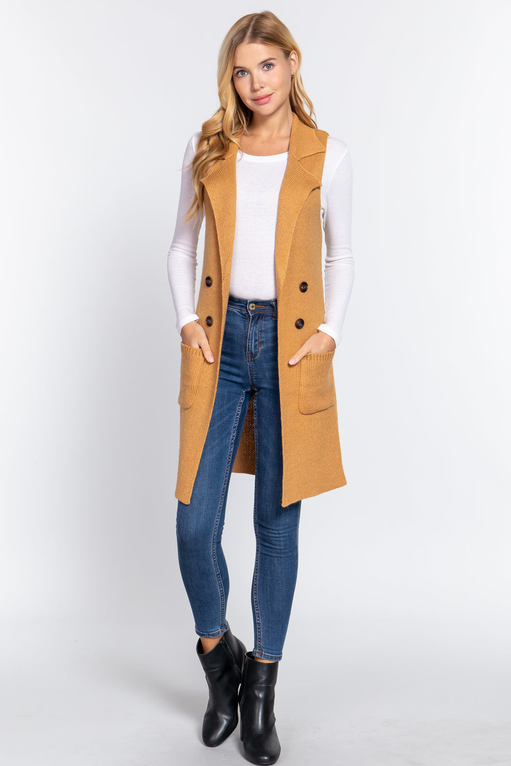 Women's Sleeveless Long Sweater Vest Notched Collar With Side Pocket