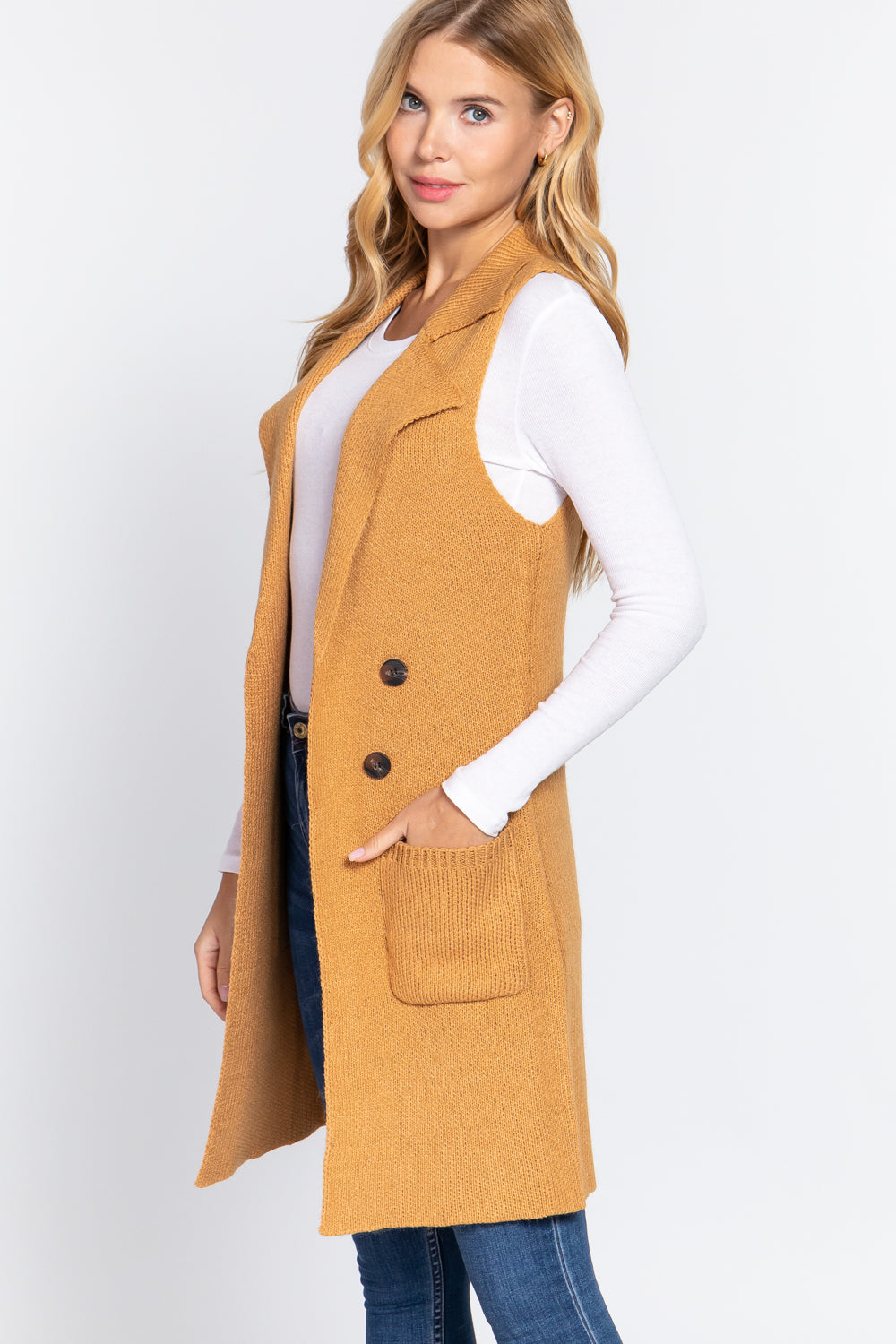 Women's Sleeveless Long Sweater Vest Notched Collar With Side Pocket