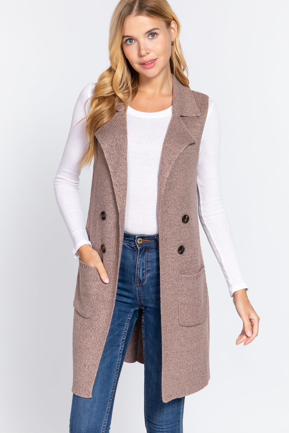 Women's Sleeveless Long Sweater Vest Notched Collar With Side Pocket