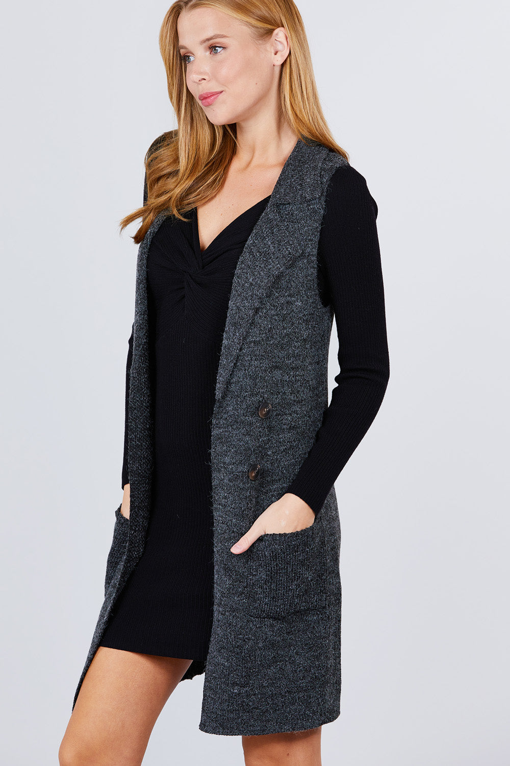 Women's Sleeveless Long Sweater Vest Notched Collar With Side Pocket