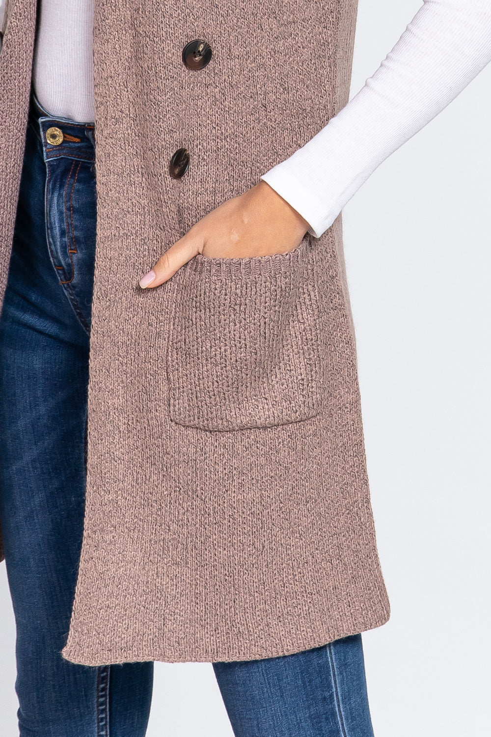 Women's Sleeveless Long Sweater Vest Notched Collar With Side Pocket