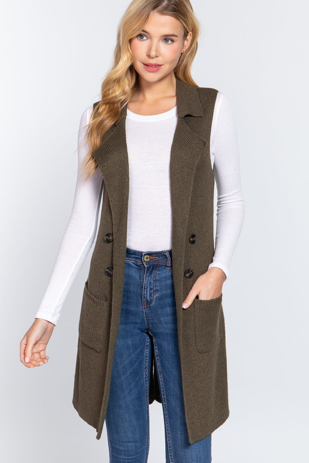 Women's Sleeveless Long Sweater Vest Notched Collar With Side Pocket