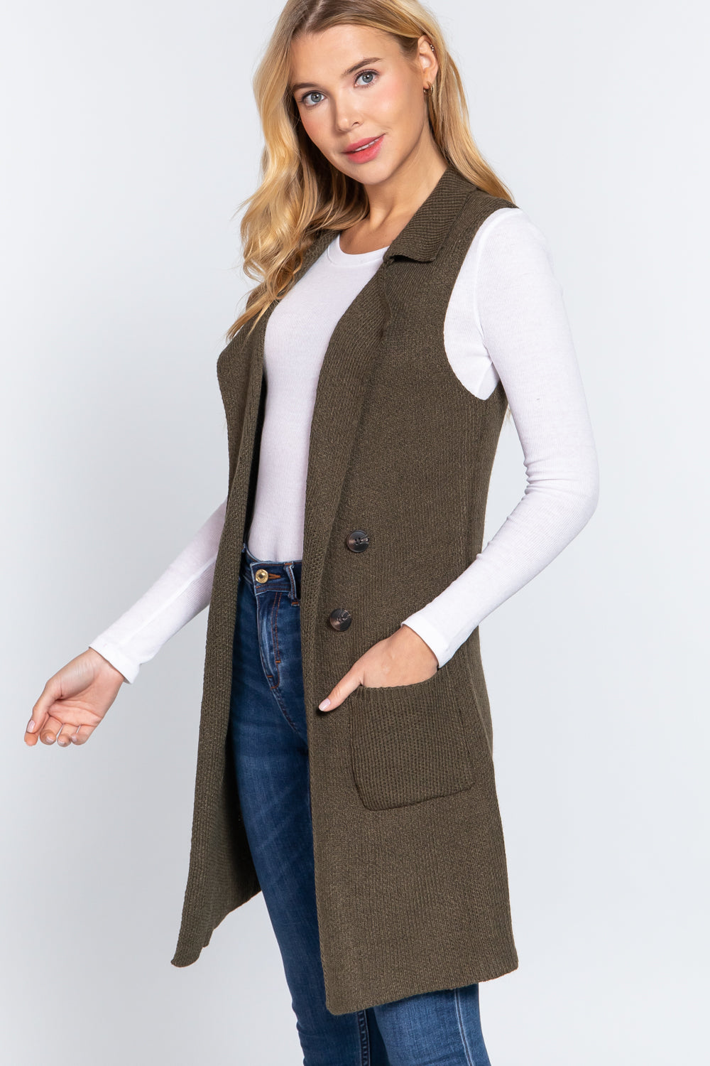 Women's Sleeveless Long Sweater Vest Notched Collar With Side Pocket