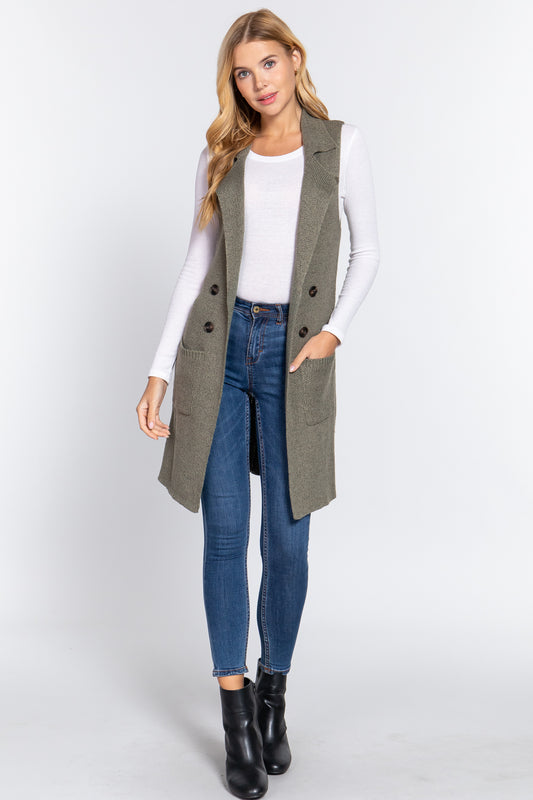 Women's Sleeveless Long Sweater Vest Notched Collar With Side Pocket