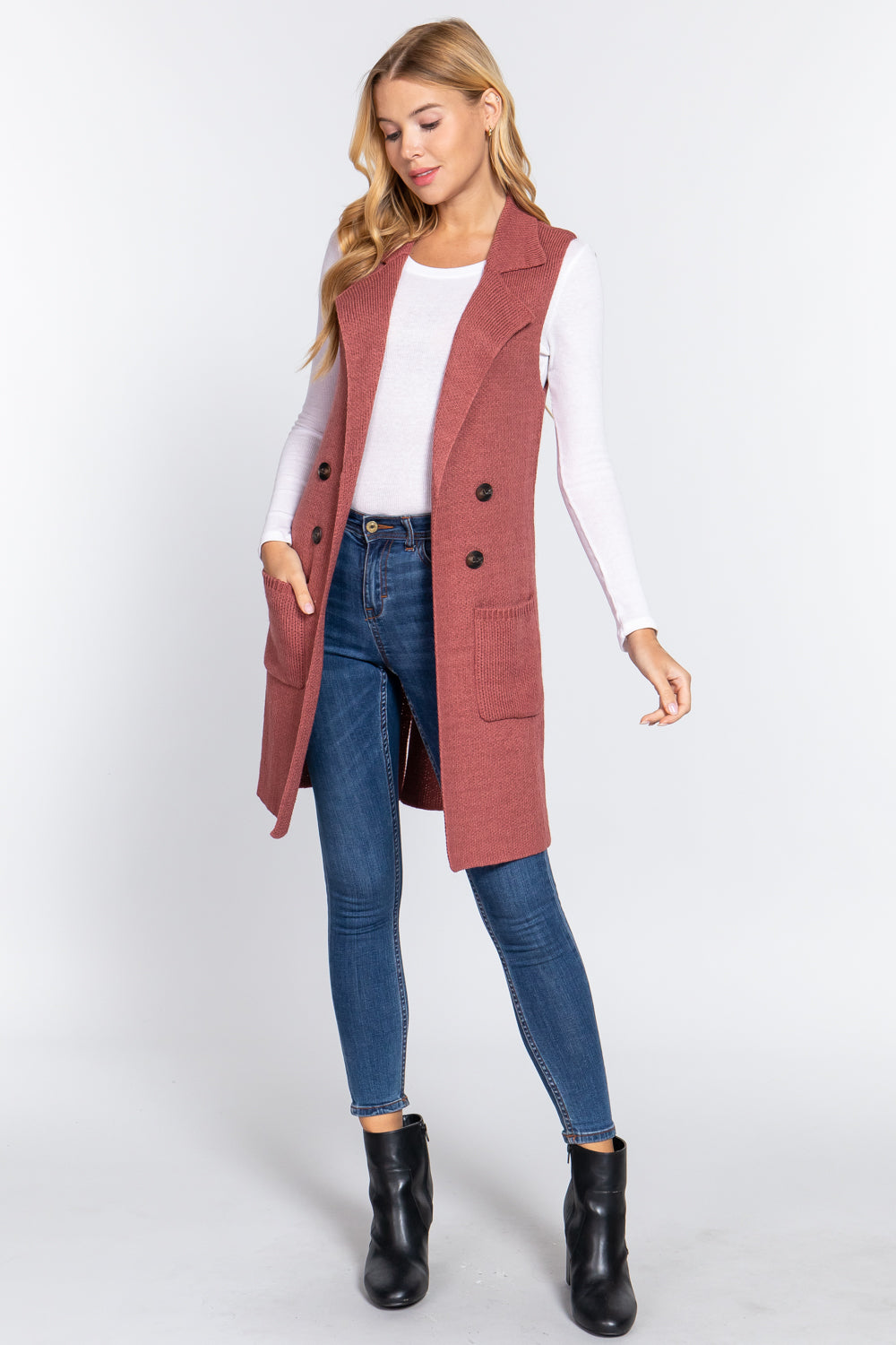 Women's Sleeveless Long Sweater Vest Notched Collar With Side Pocket