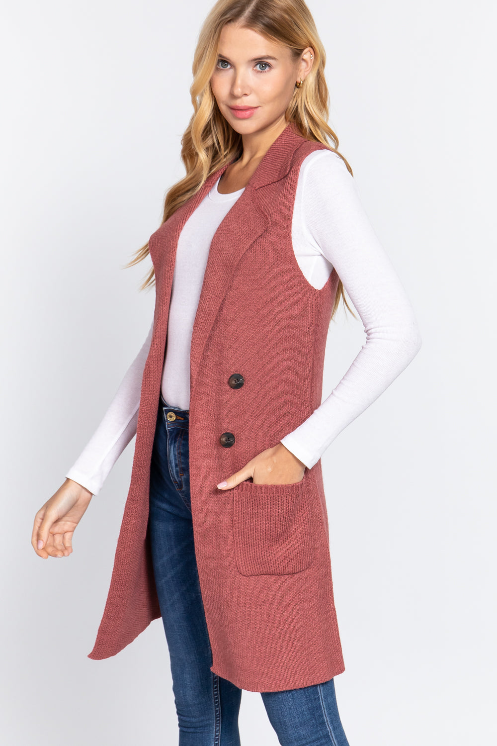 Women's Sleeveless Long Sweater Vest Notched Collar With Side Pocket
