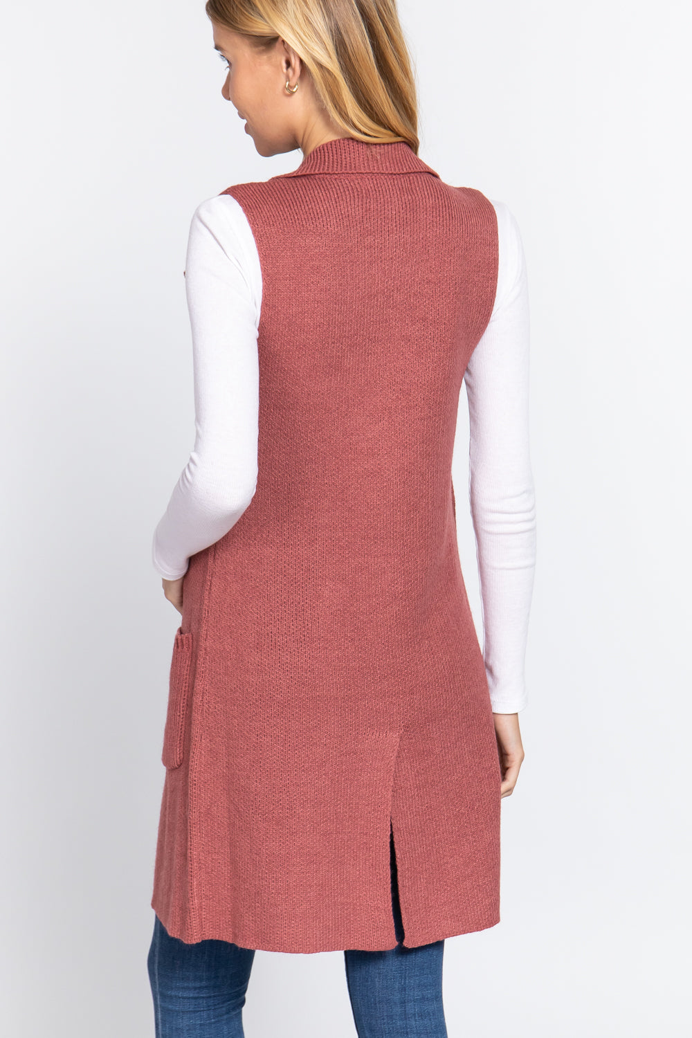 Women's Sleeveless Long Sweater Vest Notched Collar With Side Pocket
