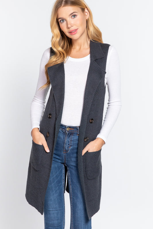 Women's Sleeveless Long Sweater Vest Notched Collar With Side Pocket