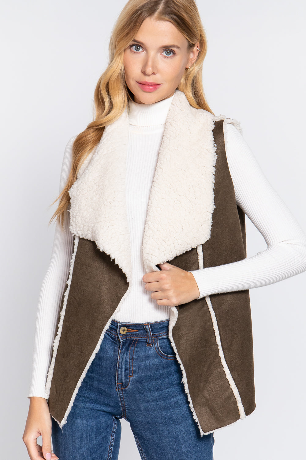 Women's Shawl Collar Raw Edge Faux Suede Fur Bonded Vest (Olive)
