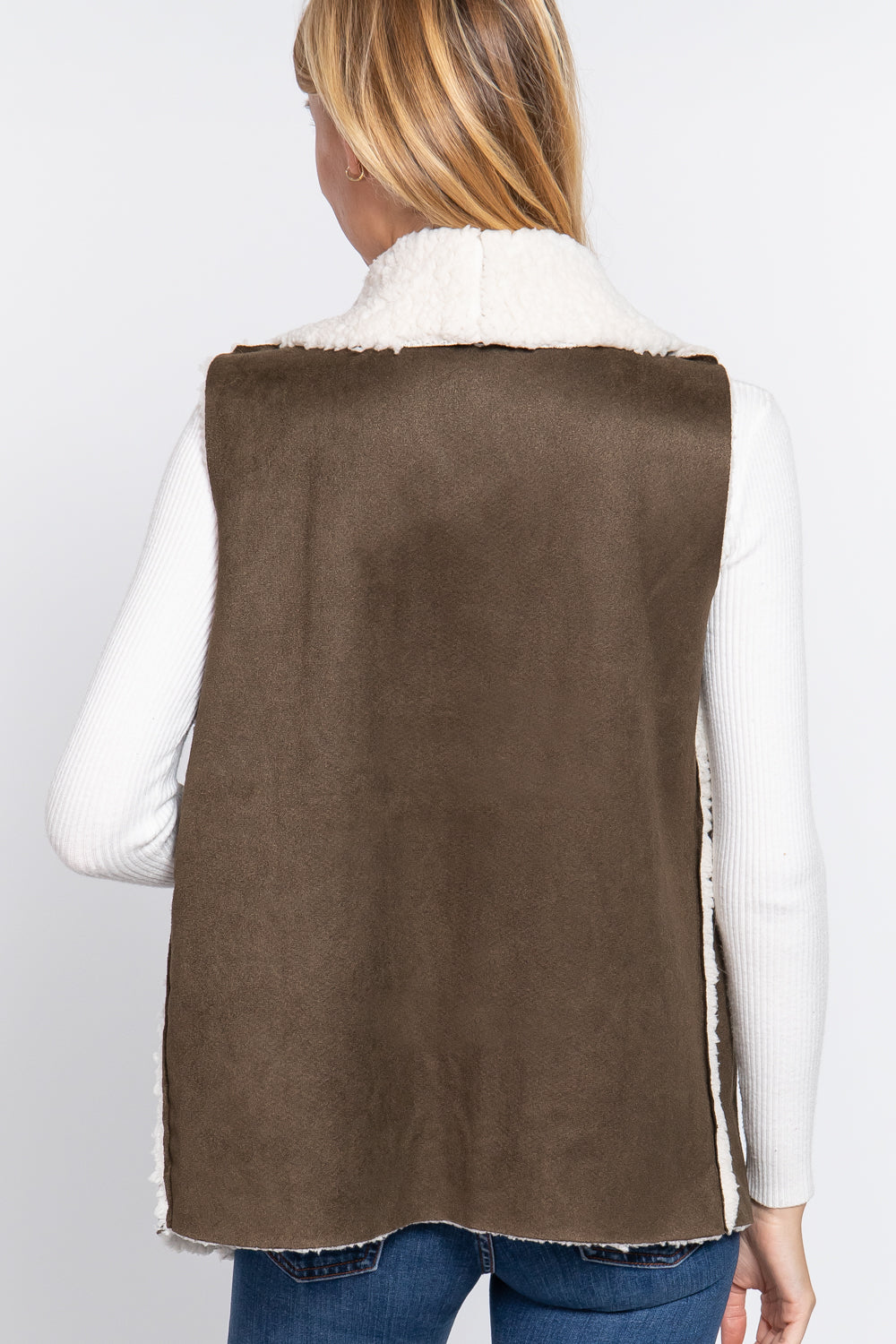 Women's Shawl Collar Raw Edge Faux Suede Fur Bonded Vest (Olive)