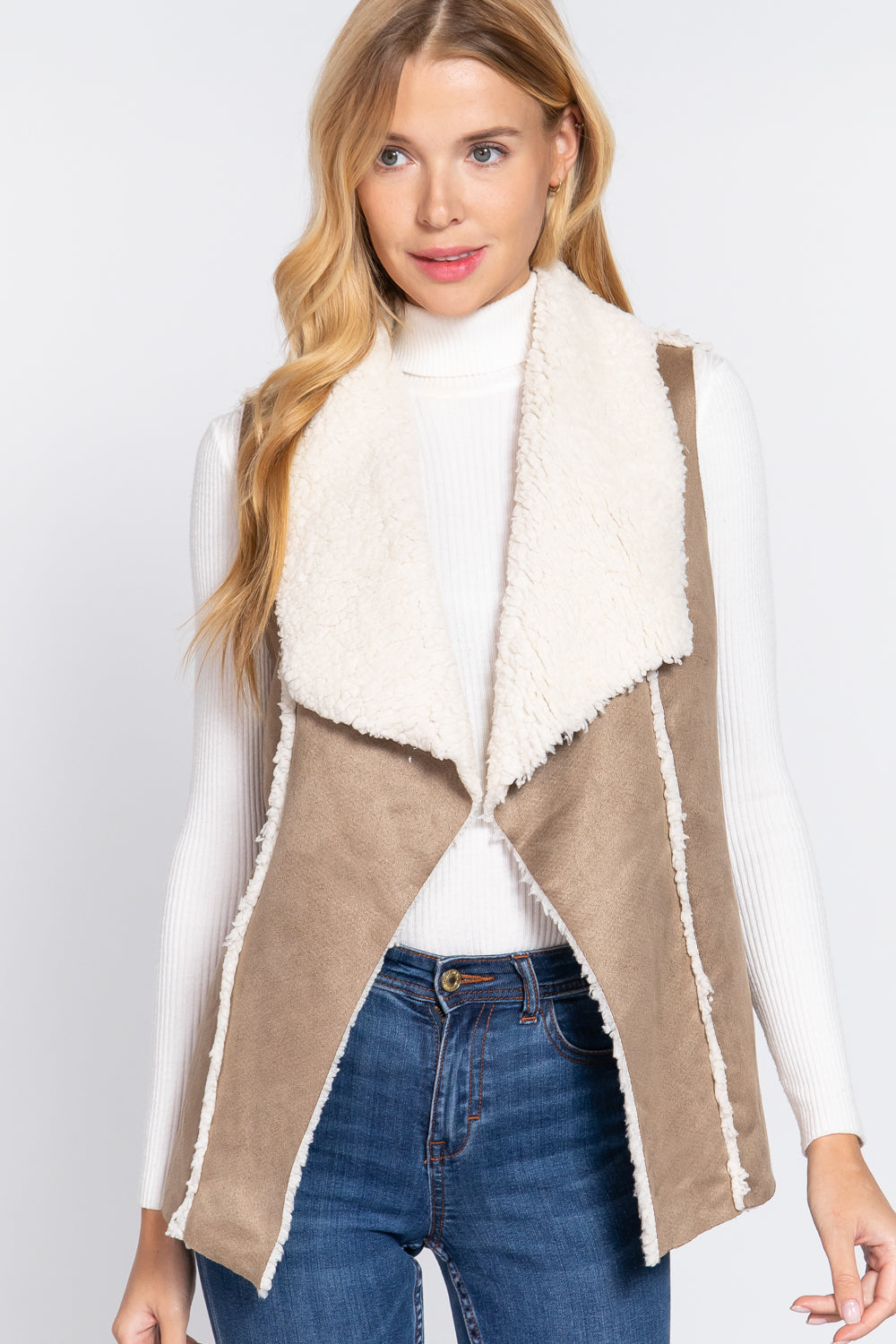 Women's Shawl Collar Raw Edge Faux Suede Fur Bonded Vest (Taupe)