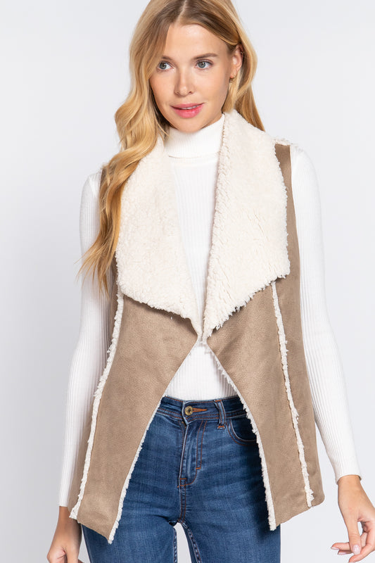 Women's Shawl Collar Raw Edge Faux Suede Fur Bonded Vest (Taupe)