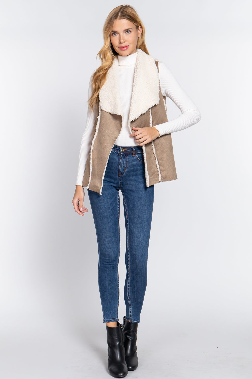 Women's Shawl Collar Raw Edge Faux Suede Fur Bonded Vest (Taupe)