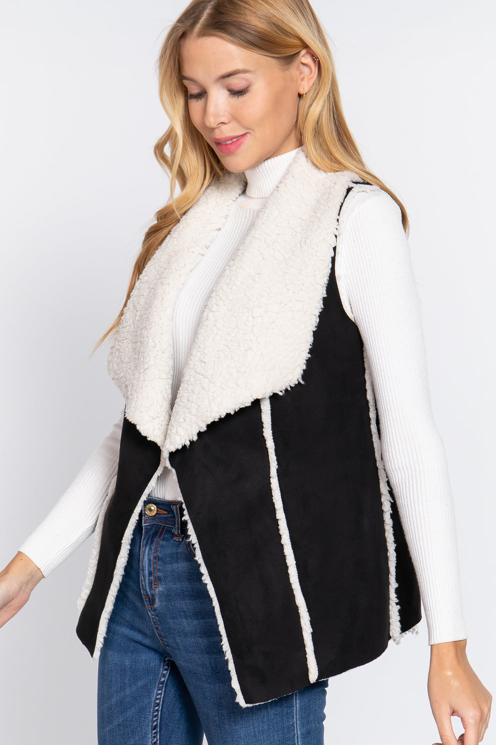 Women's Shawl Collar Raw Edge Faux Suede Fur Bonded Vest (Black)
