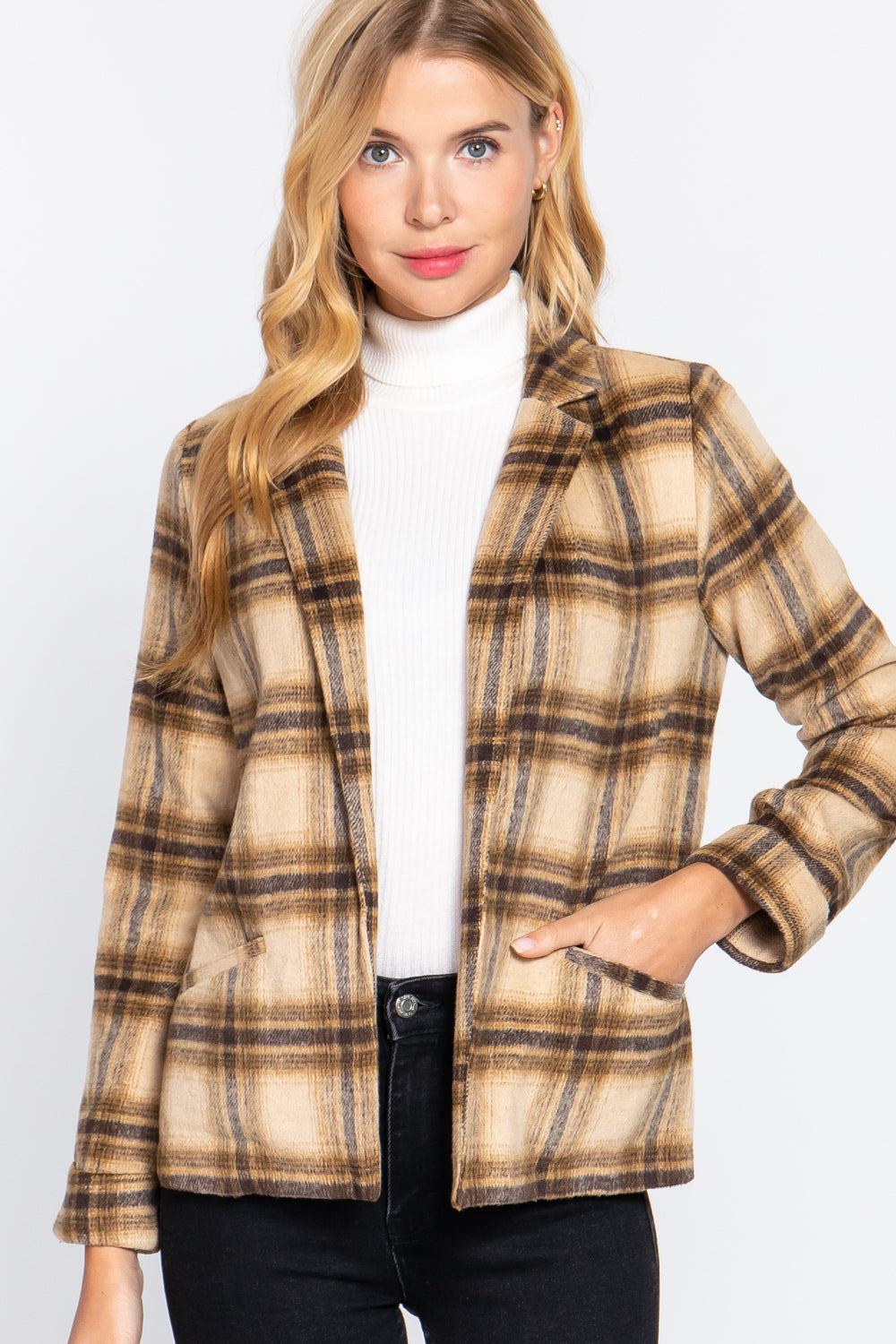 Women's Notched Collar Plaid Jacket Wool Like Long Sleeve Blazer Coat