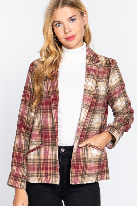 Women's Notched Collar Plaid Jacket Wool Like Long Sleeve Blazer Coat