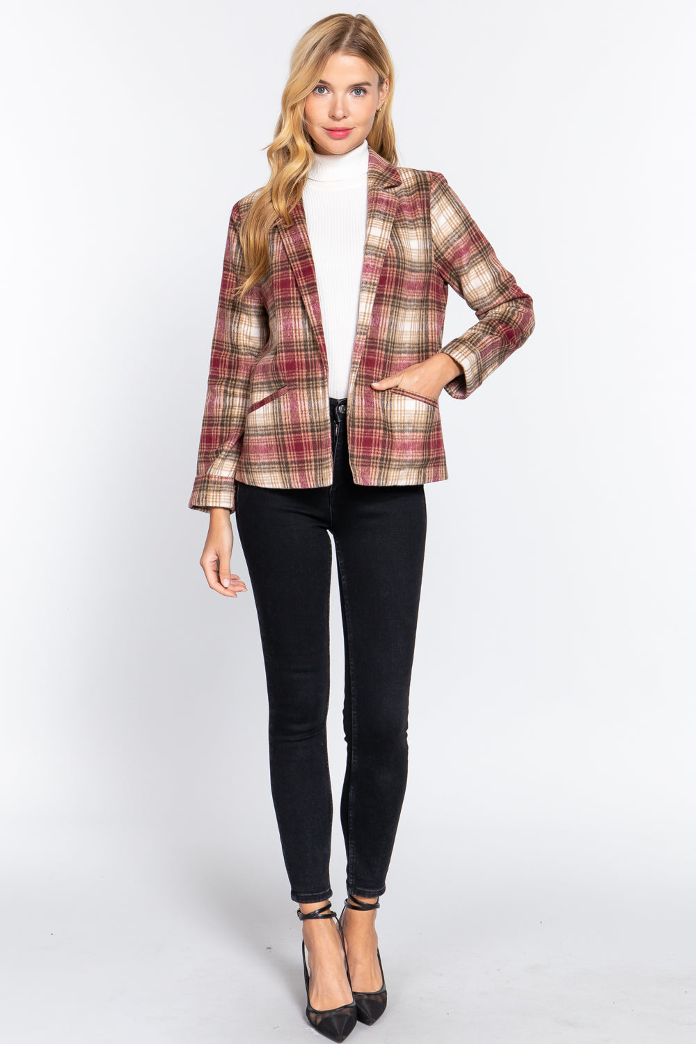 Women's Notched Collar Plaid Jacket Wool Like Long Sleeve Blazer Coat