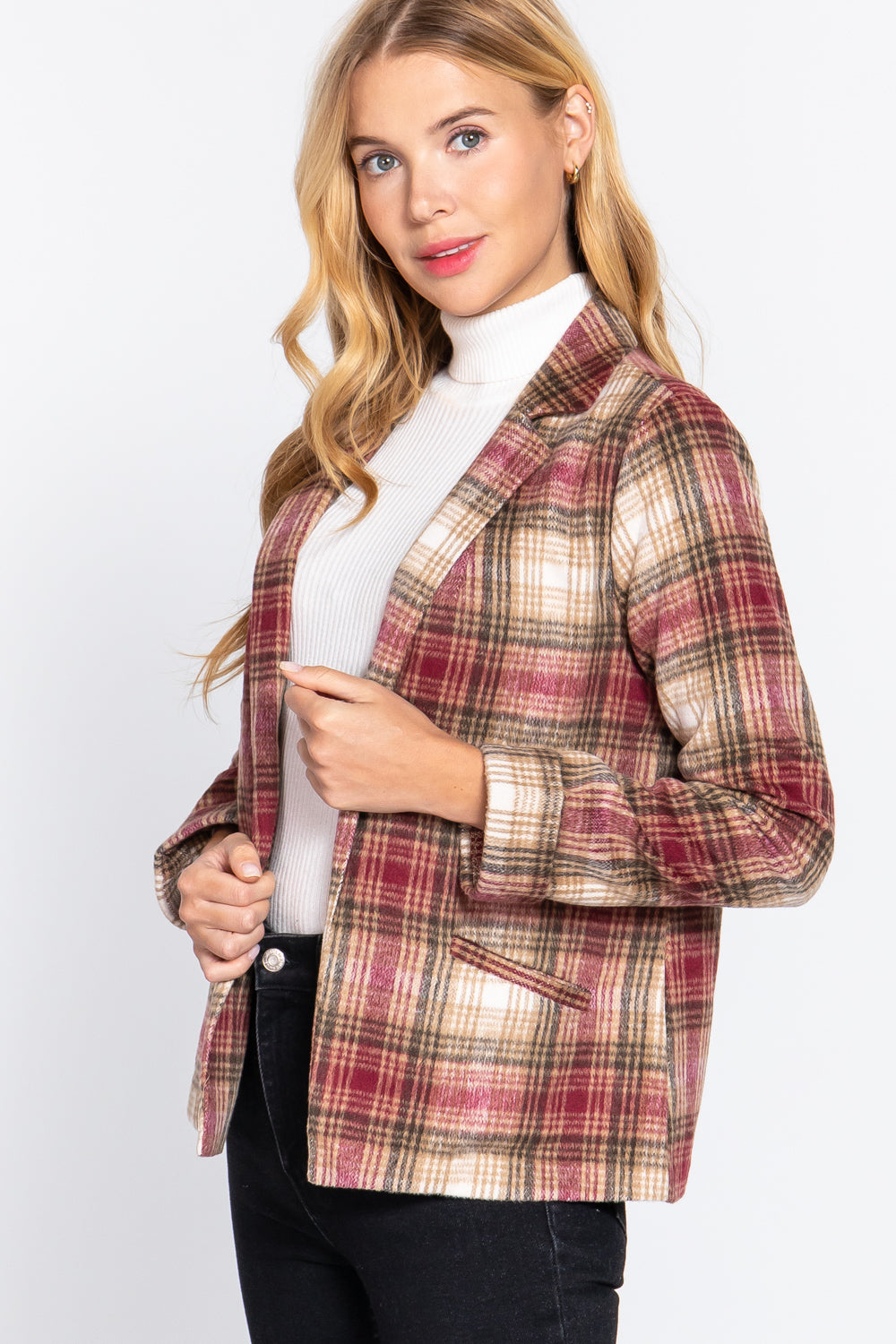 Women's Notched Collar Plaid Jacket Wool Like Long Sleeve Blazer Coat