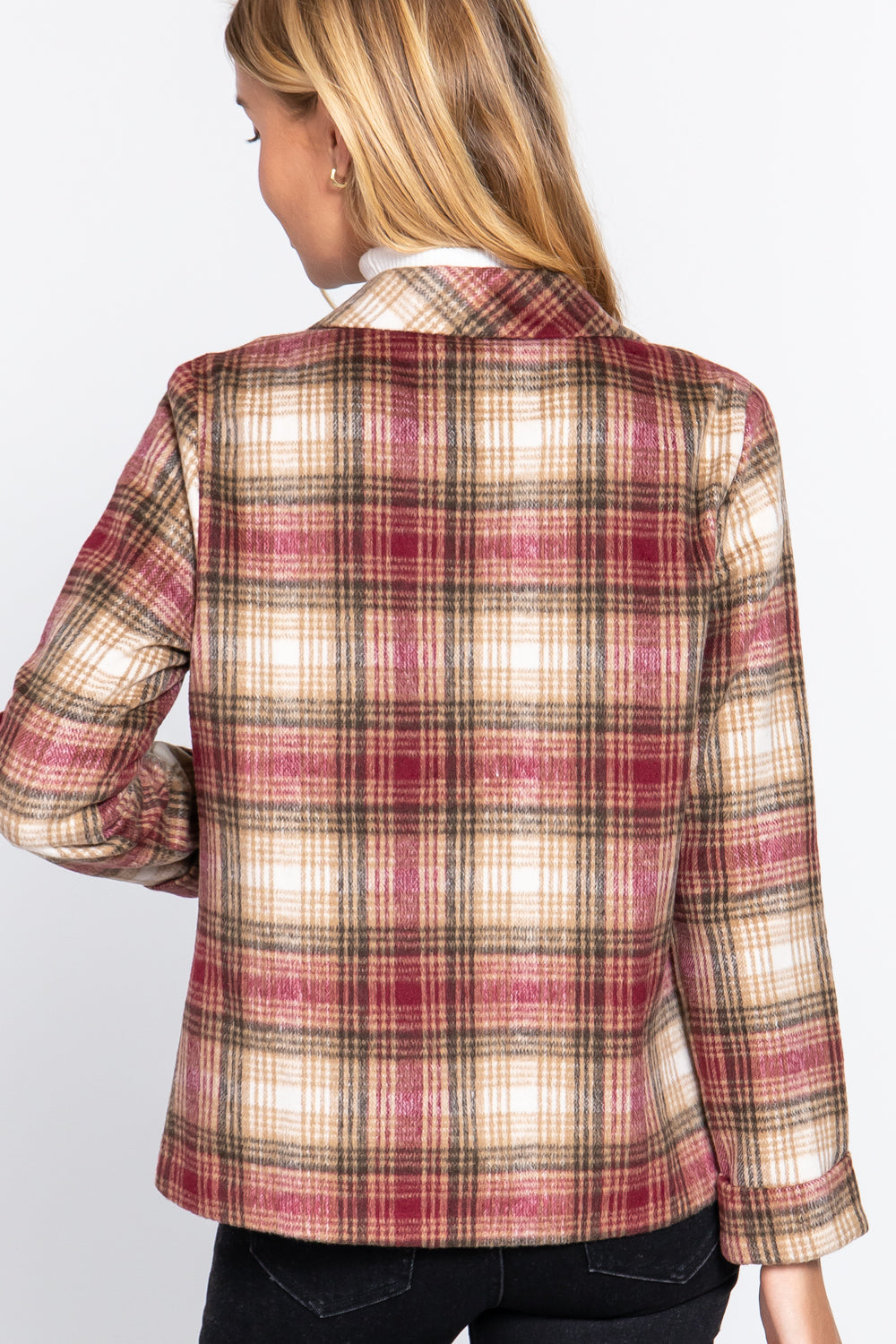 Women's Notched Collar Plaid Jacket Wool Like Long Sleeve Blazer Coat